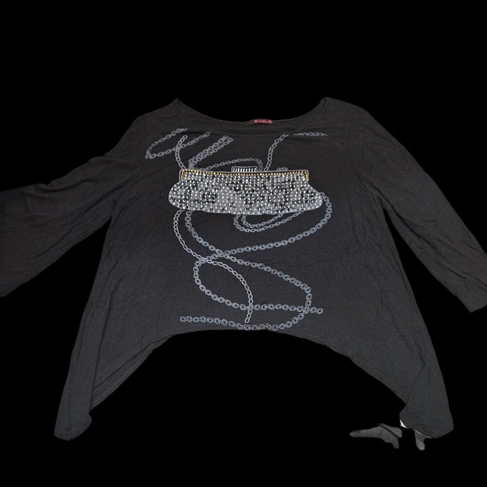 Michelle Black Graphic Embellished Top – Size Large – Beaded Purse Print